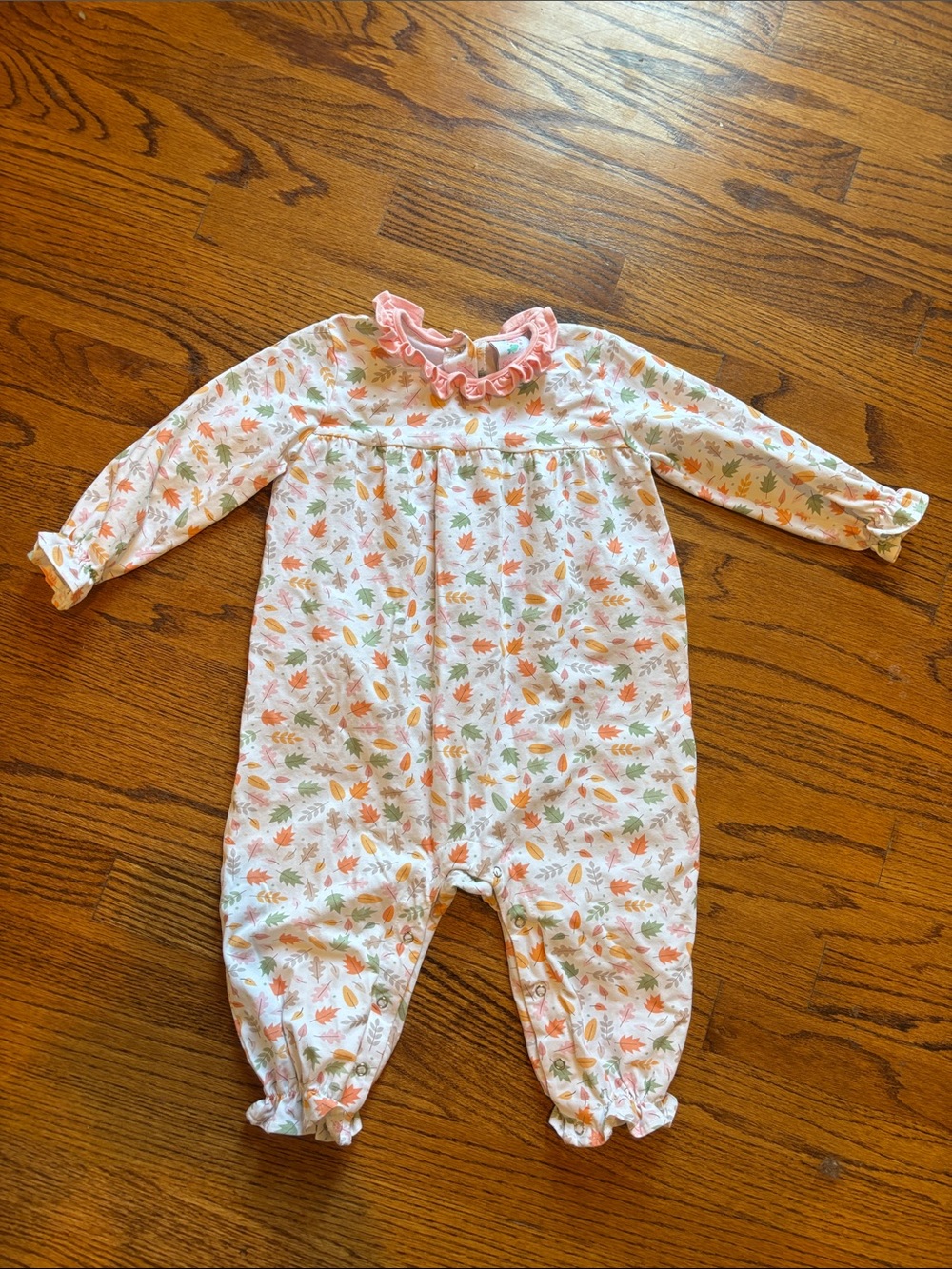 Stitchy Fish Cotton Girls Pink Floral Leaf Fall Ruffle One-Piece Romper size 3T